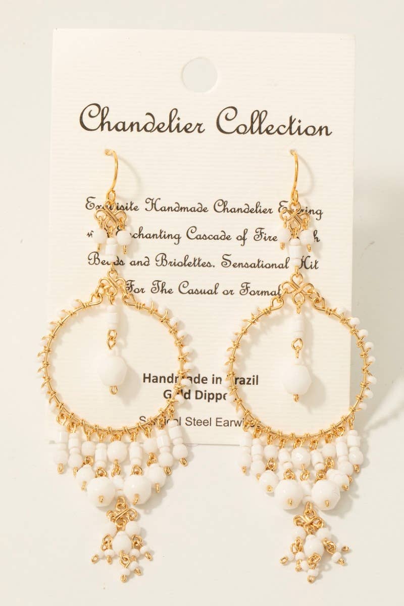 White Beaded Hoop Chandelier Dangle Earrings