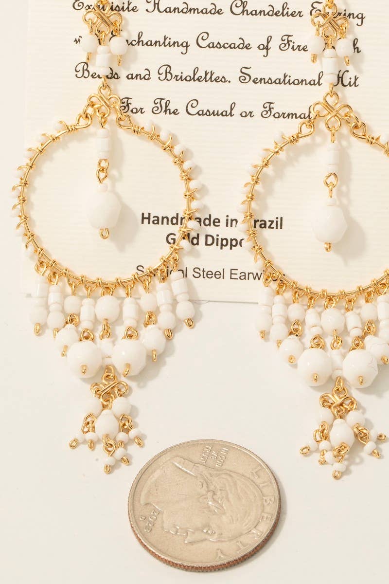 White Beaded Hoop Chandelier Dangle Earrings