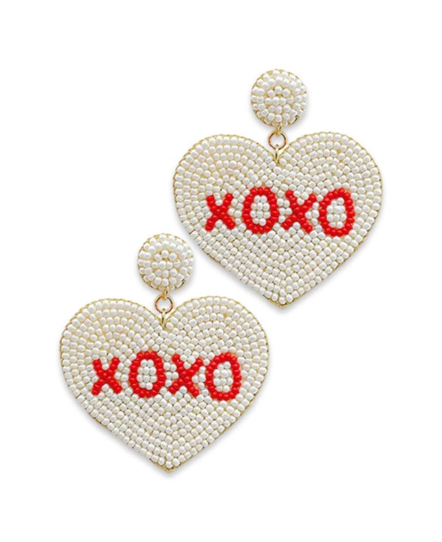 White Beaded XO Heart Earrings