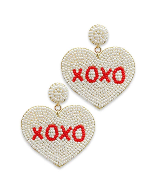 White Beaded XO Heart Earrings