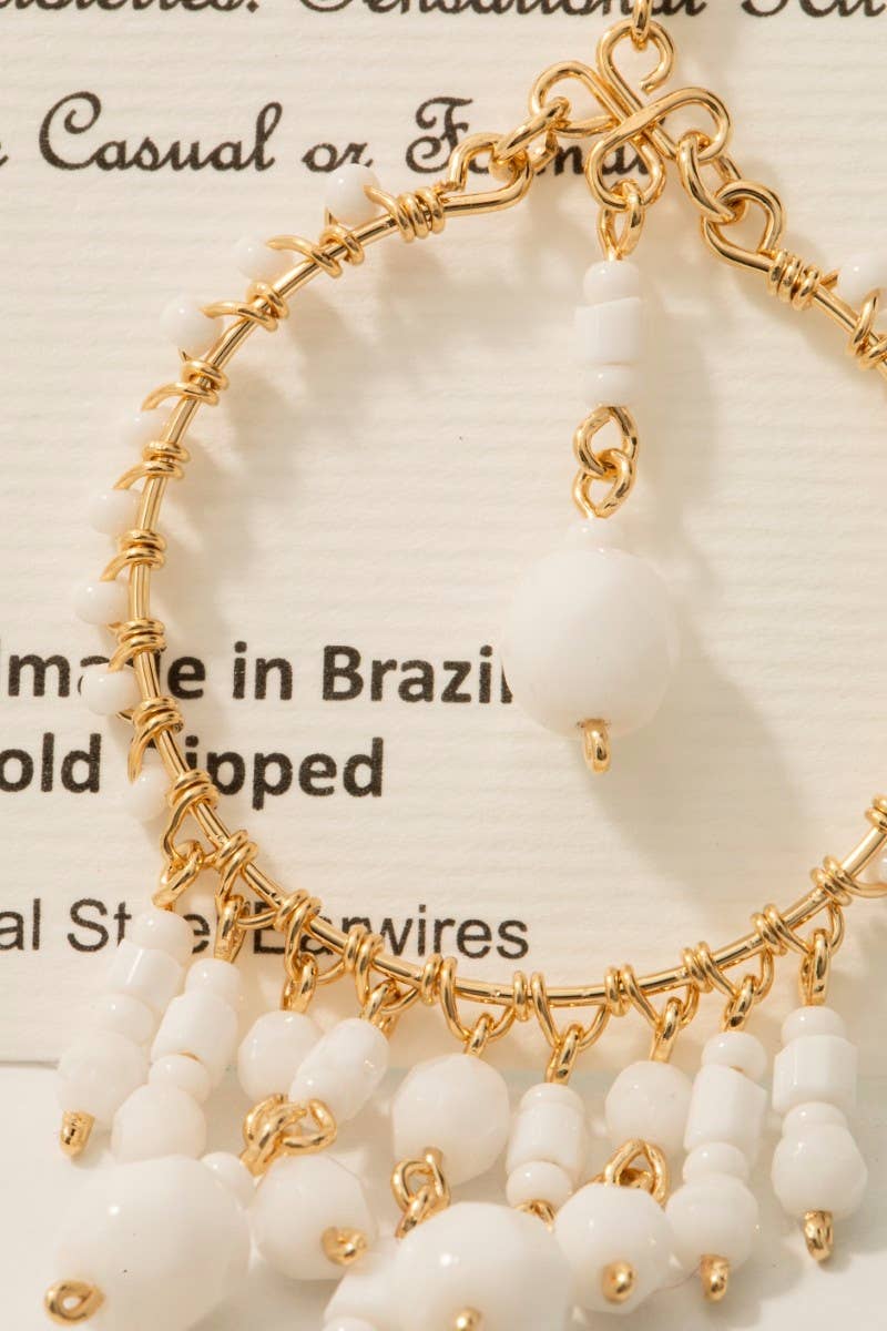 White Beaded Hoop Chandelier Dangle Earrings