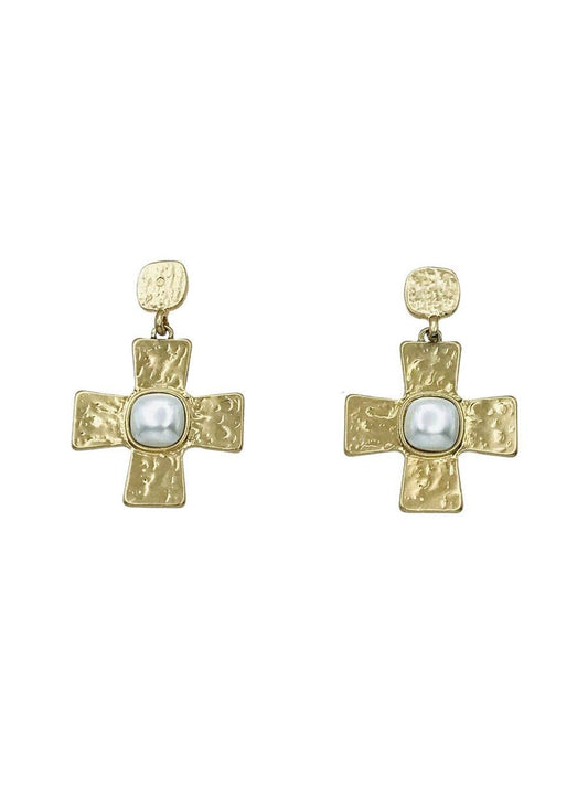 Gold Hammered Cross with Pearl 1.5" Earring